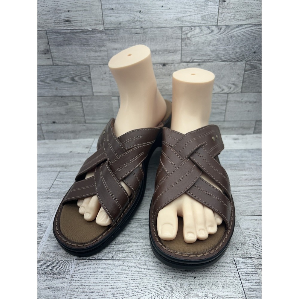 Clarks Shoes Women Sz 11 Brown Leather Slip On Sandals Adjustable Comfort Slide‎